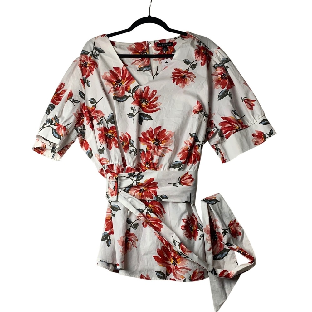 Lane Bryant Floral V-Neck Belted Puff Sleeve Blouse White Red Orange Size 22 NEW